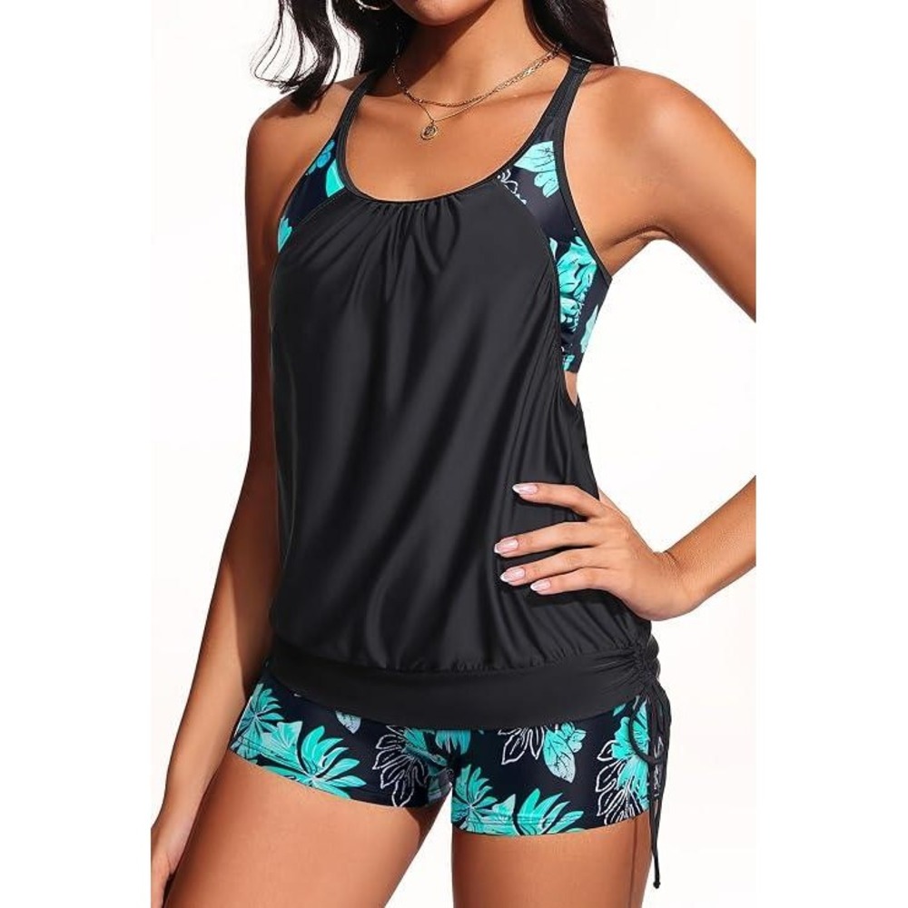 Daci Womens 2 Piece Tankini Swimsuit Blouson Floral Pockets Shorts Black Blue M